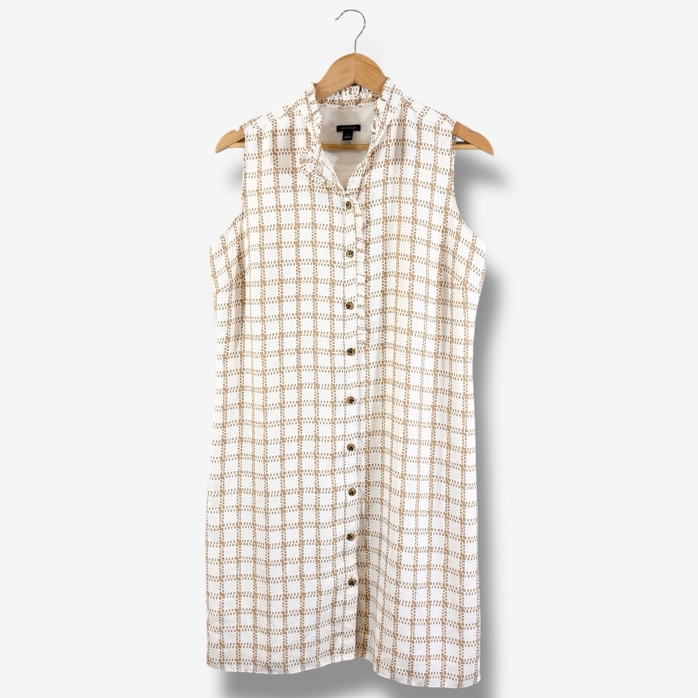 Ann Taylor Sleeveless Button Front Shirt Dress Size M White Brown Grid Plaid